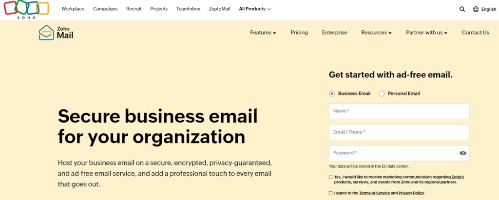 Popular Email Providers and Which Companies Use Each One 2 Screenshot of Zoho Mails webpage. The text promotes secure, ad-free business email services. A form on the right invites users to sign up by entering their name, email, and password. The header includes navigation links and the Zoho logo.