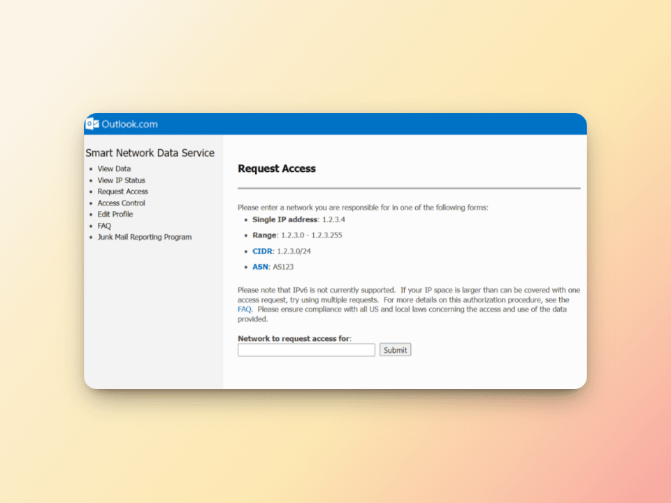 Screenshot of an Outlook.com page titled Request Access under Smart Network Data Service. It asks for a network IP address to request access. A single IP address and other network details are listed. A field for network entry and a Submit button are visible.