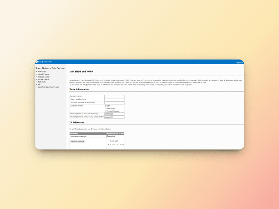 Screenshot of an email signup page for Smart Network Data Services. The form includes fields for company name, email address, and IP addresses. A menu is visible on the left, and theres a banner at the top with Outlook logo. Background is gradient.