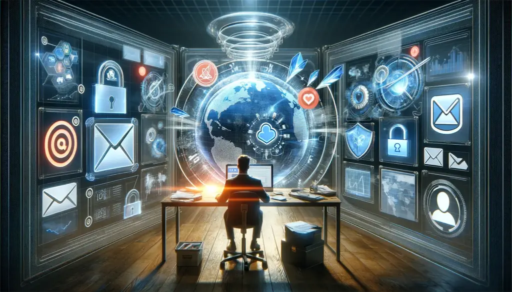 Email Deliverability Manager: Role, Courses & Certificates 37 A person sits at a desk in a futuristic, digital environment with large screens displaying icons and a globe. The icons include locks, envelopes, and gears, suggesting themes of communication, security, and technology.