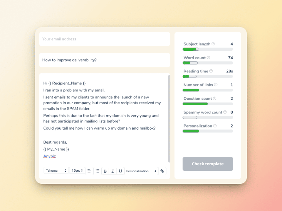 Lista negra Truncate: Cómo eliminar tu IP 3 An email deliverability tool interface showing a drafted email. On the right, analytics and suggestions are visible, including subject length, word count, reading time, and personalization tips. The background is a soft gradient.