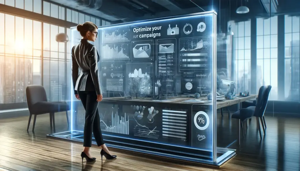 ActiveCampaign deliverability: Best Practices and Tools 5 A woman in a business suit stands in front of a futuristic, transparent digital display with charts, graphs, and the text Optimize your campaigns in a modern office setting, showcasing data analytics and technology.