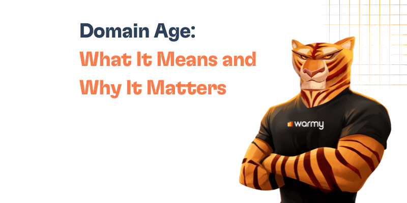 Domain Age: What It Means and Why It Matters 18 Illustration of a muscular, anthropomorphic tiger wearing a black warmy shirt, standing with arms crossed. The text reads, Domain Age: What It Means and Why It Matters, with a grid pattern in the background.