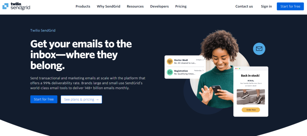 SendGrid Deliverability: Best Practices and Tools 1 A promotional banner for Twilio SendGrid featuring two smiling people using a laptop and phone. It highlights email delivery services, showcasing awards for deliverability and customer satisfaction. Text emphasizes reliable email management.