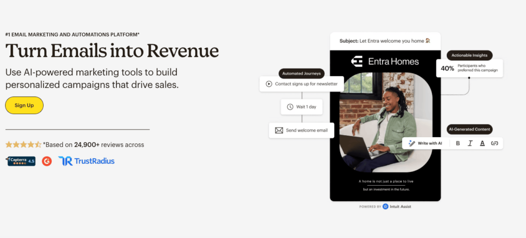 Mailchimp Deliverability: Best Practices and Tools 1 A person sits comfortably on a couch, using a laptop. Text on the left promotes AI-powered marketing tools for emails, highlighting customer reviews. A call-to-action button says Sign Up. A graphic visualizes automated email processes.