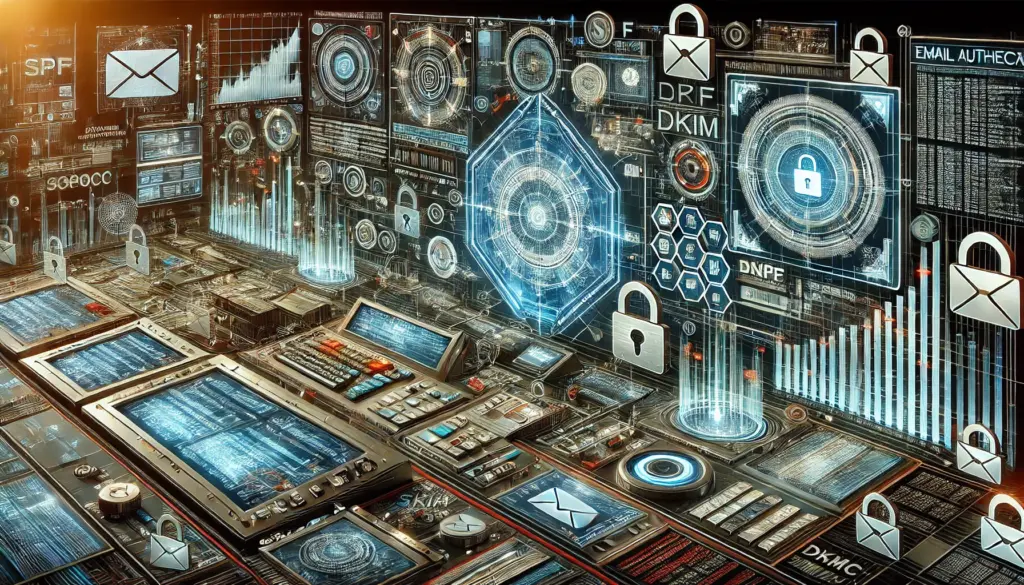 Complete Guide to SPF, DKIM, and DMARC Setup in Klaviyo 7 A futuristic control room featuring digital holographic displays with various cybersecurity icons, such as locks and encrypted email symbols. The scene is filled with data graphs and complex interface elements, suggesting advanced technology and security.
