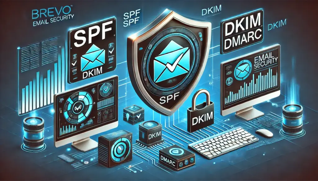 Navigating Brevo SPF, DKIM, and DMARC: Protecting Your Email 1 A digital illustration showcasing email security concepts: SPF, DKIM, and DMARC illustrated as shields and locks on computer screens and servers. Graphs and data charts are displayed, emphasizing protection and secure communication.