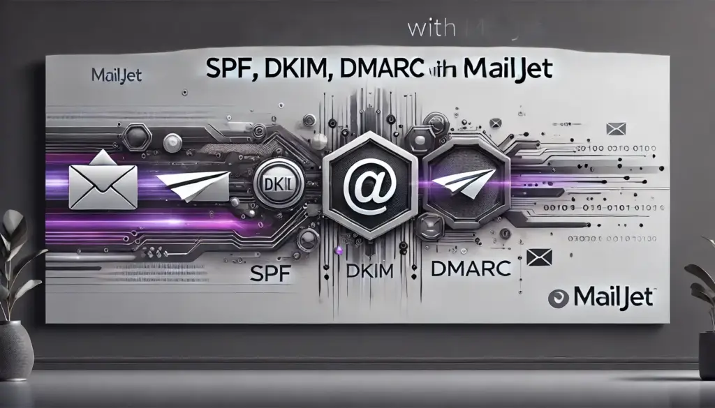 How to Implement SPF, DKIM, and DMARC with Mailjet? 3 Futuristic graphics illustrating email security protocols with icons and text: SPF, DKIM, DMARC with MailJet. Features symbols of an envelope, DKIM, and at symbol, with purple and silver accents.