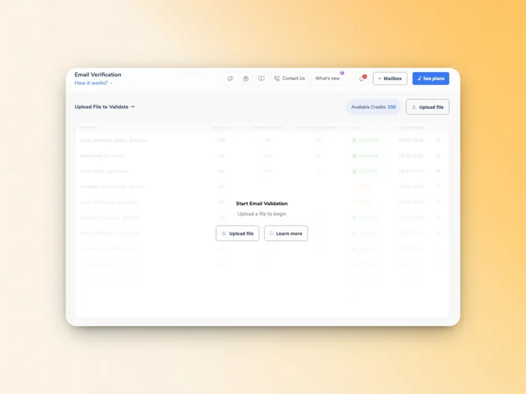 A computer screen displays the Best Email Verifier tool with options to upload a file, view available credits, and learn more. The background features a soft yellow gradient.