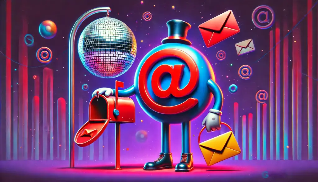 Adapting to Change: Navigating Gmail's New Open Tracking Updates 23 A whimsical digital illustration of a round character with an @ symbol face in a top hat, standing beside an open mailbox with floating envelopes. A disco ball hangs on the left. The background has a futuristic, colorful design.