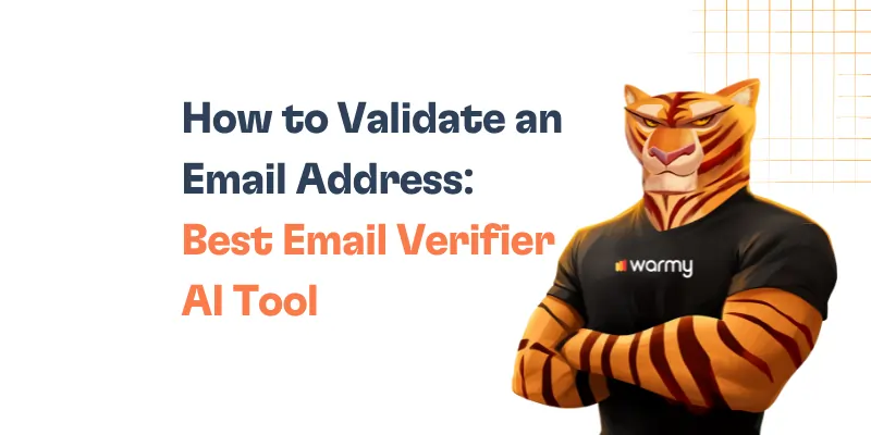 A muscular cartoon tiger in a black warmy T-shirt stands with folded arms beside text that reads: “How to Validate an Email Address: Best Email Verifier.” Orange grid lines accent the top right corner.