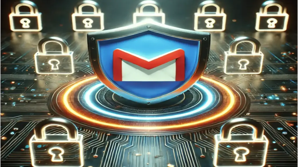 How to Use an Email Header Analyzer for Better Email Security 6 A digital illustration featuring the Gmail logo on a shield, symbolizing security. Surrounding the shield are glowing locks, set against a futuristic circuit board background, conveying data protection and cybersecurity themes.