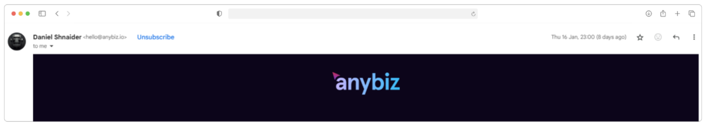 An email from Daniel Schneider with the subject Some is displayed on a screen. The emails body features a dark banner with the word anybiz in lowercase letters. The email appears on a white background.