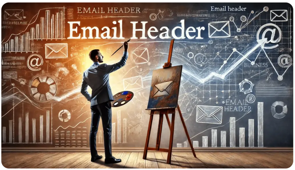 The Art of Email Header Design Best Practices and Examples for Engaging Emails 9 A person in a suit stands before an easel, painting an email envelope. The background features graphs, charts, and email icons, with Email Header prominently displayed. The scene blends artistic and digital elements.