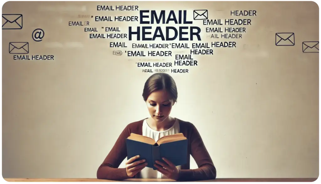 What Is an Email Header Understanding Its Purpose and How to View It in Outlook 8 A woman sits at a desk reading a book. Above her are multiple floating text phrases that say Email Header and email icons, suggesting information or data flow coming from the text. The background is a plain, neutral color.