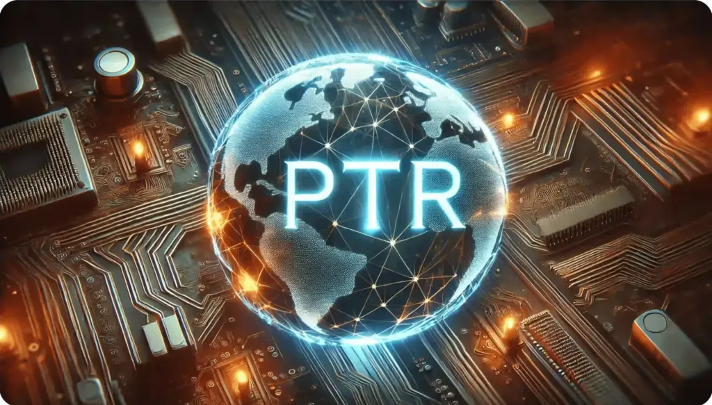 What Is a PTR Record and Why It Matters for Email Deliverability 4 A glowing globe with the letters PTR is centered on a circuit board background. Blue lines connect continents, symbolizing global connectivity. The circuit board glows with orange and blue lights, highlighting technology themes.