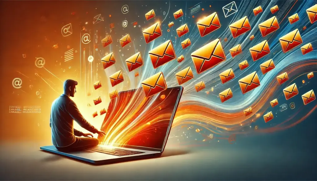 How to Boost Brand Recognition and Email Deliverability 4 A person seated at a laptop with numerous red and yellow envelopes flying out from the screen, symbolizing digital communication. The background includes digital symbols, suggesting a fast-paced data exchange environment.