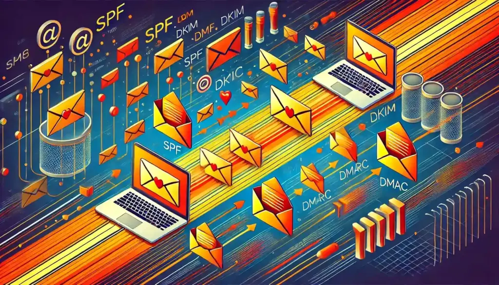 SMTP over IPv6: The Future of Email Servers and What It Means for Deliverability 1 Illustration of laptops and envelopes connected by lines, symbolizing email communication. Terms like SPF, DKIM, and DMARC float around, representing email authentication protocols. The background features dynamic geometric shapes and vibrant colors.