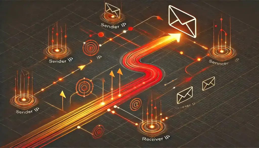 The Challenges of SMTP over IPv6: What You Need to Know Before Transitioning 22 Digital artwork illustrating the flow of email data. Glowing paths connect envelope icons, marked by labels like Sender IP and Receiver IP. The dynamic lines and target-like nodes emphasize data transmission in a network.
