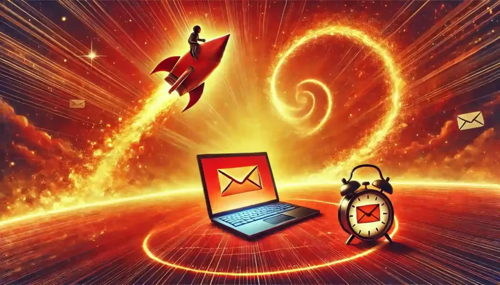 SMTP Retries and Deferrals: Understanding Email Delays & How to Fix Them 4 A vibrant cosmic scene features a person riding a rocket, a laptop displaying an envelope icon, and an alarm clock with the same icon. The background has swirling, glowing patterns, creating a dynamic, futuristic atmosphere.