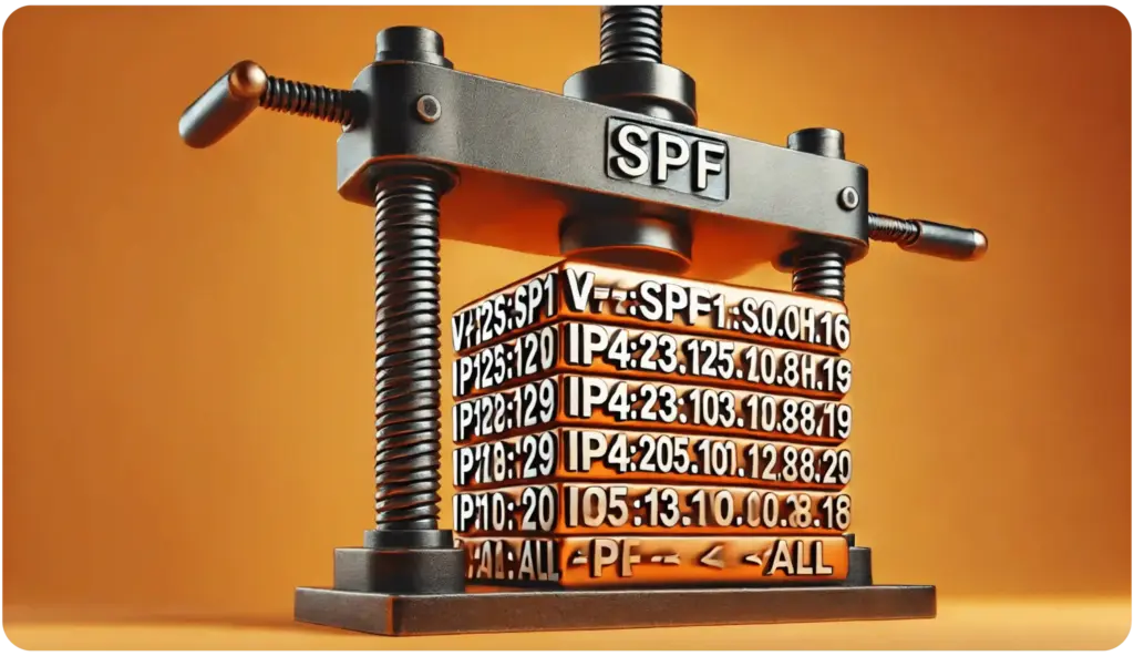 What Is SPF Flattening and How It Can Simplify Your SPF Records Without Losing Functionality 17 A metal press labeled SPF compresses several blocks showing IP addresses and SPF record syntax against an orange background. The image conceptually illustrates SPF record management.