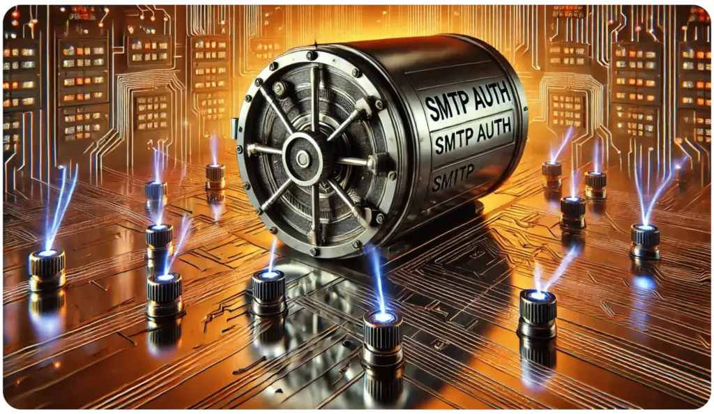 SMTP AUTH Mechanisms Explained Choosing the Right Authentication for Secure Email Sending 8 A futuristic metallic cylinder labeled SMTP AUTH is connected to glowing blue energy streams from surrounding nodes on a circuit-like surface. The background features illuminated digital city buildings, enhancing the sci-fi atmosphere.