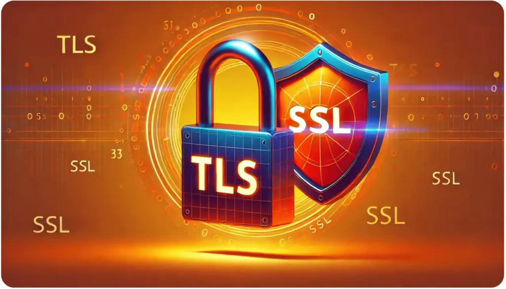 Why SSL & TLS Certificate Errors Are Hurting Your Email Deliverability 12 A 3D digital illustration of a padlock labeled TLS and a shield labeled SSL on a glowing orange background. The terms TLS and SSL appear multiple times, with digital circuit patterns and binary numbers scattered throughout.
