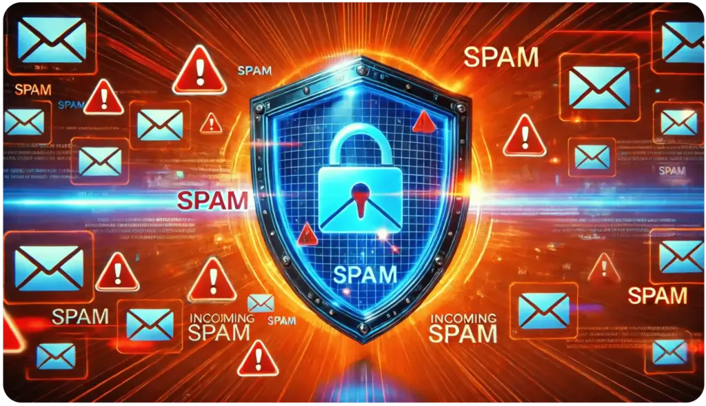 How to Use PTR Records to Improve Email Warmup and Deliverability 1 A digital shield with a padlock labeled SPAM is at the center, surrounded by icons of envelopes with exclamation marks, set against a dynamic, glowing background. The words SPAM and INCOMING SPAM appear around the shield.