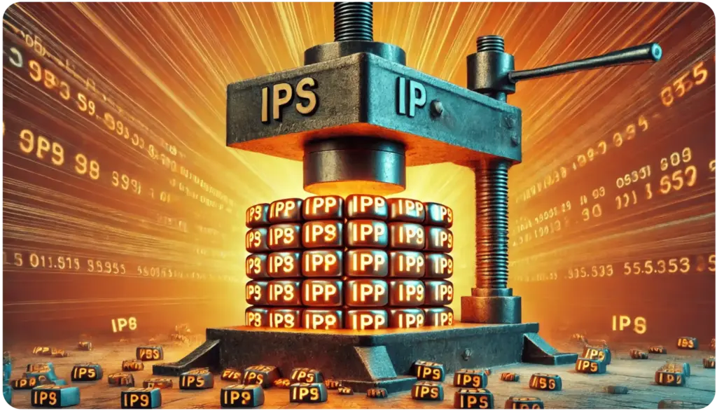 How to Use SPF Flattening Tools to Optimize Your Email Deliverability 16 A large metal press labeled IPS and IP compresses stacks of blocks with the same labels. The background is bright with streaks of light, and more blocks are scattered on the ground.