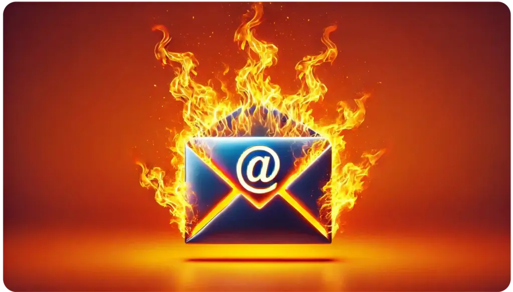 How Email Warm Ups Transform Cold Outreaching 14 A blue email envelope icon with a white @ symbol is surrounded by vivid flames, set against a bright orange background, symbolizing rapid or intense communication.