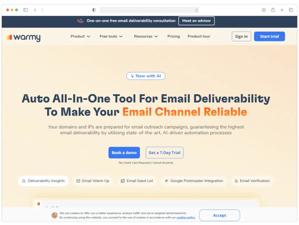 Fixing Reverse DNS Failures: Best Practices for Email Servers 1 Screenshot of the Warmy homepage featuring a headline promoting their email deliverability tool. Includes options for booking a demo or starting a trial, and a navigation bar with links to various features and services.
