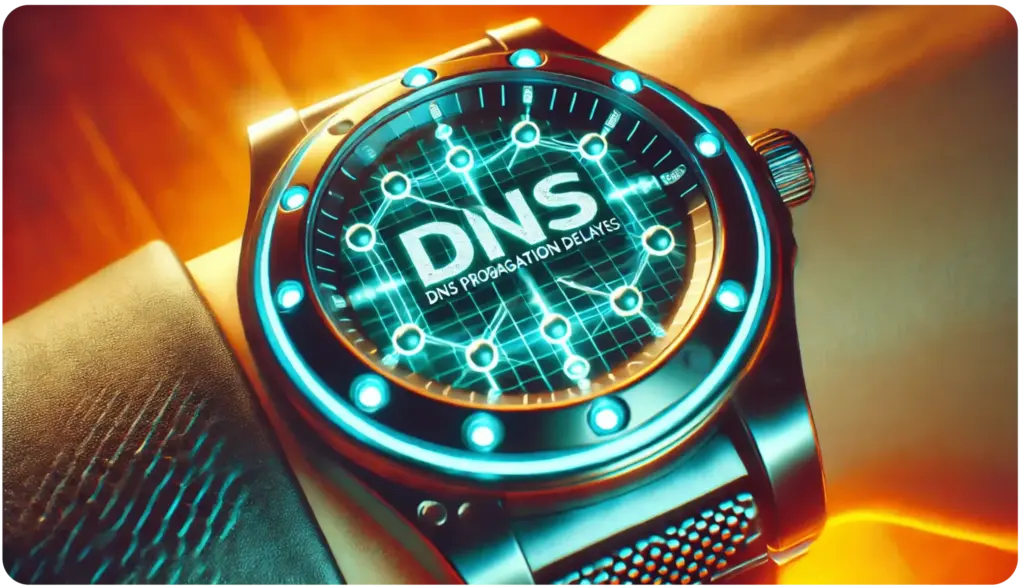 What Is DNS Propagation and How to Minimize Its Impact on Email Deliverability 13 A wristwatch displaying a futuristic digital face with DNS and DNS Propagation Delays in the center. The watch has a metallic strap and a glowing grid design, with circular lights around the bezel, set against a warm background.