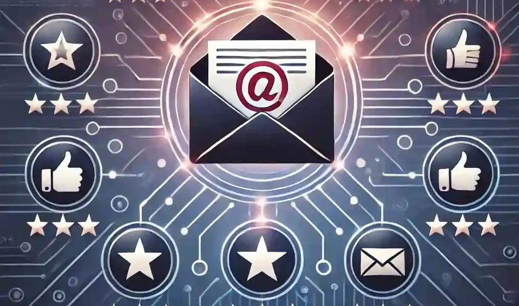 Maximizing Cold Email Impact: Social Proof and Email Deliverability 10 A digital envelope with an @ symbol is centered amid circuit lines leading to icons: thumbs up, stars, and another envelope, symbolizing connectivity and communication. The background has a tech-inspired, futuristic design.