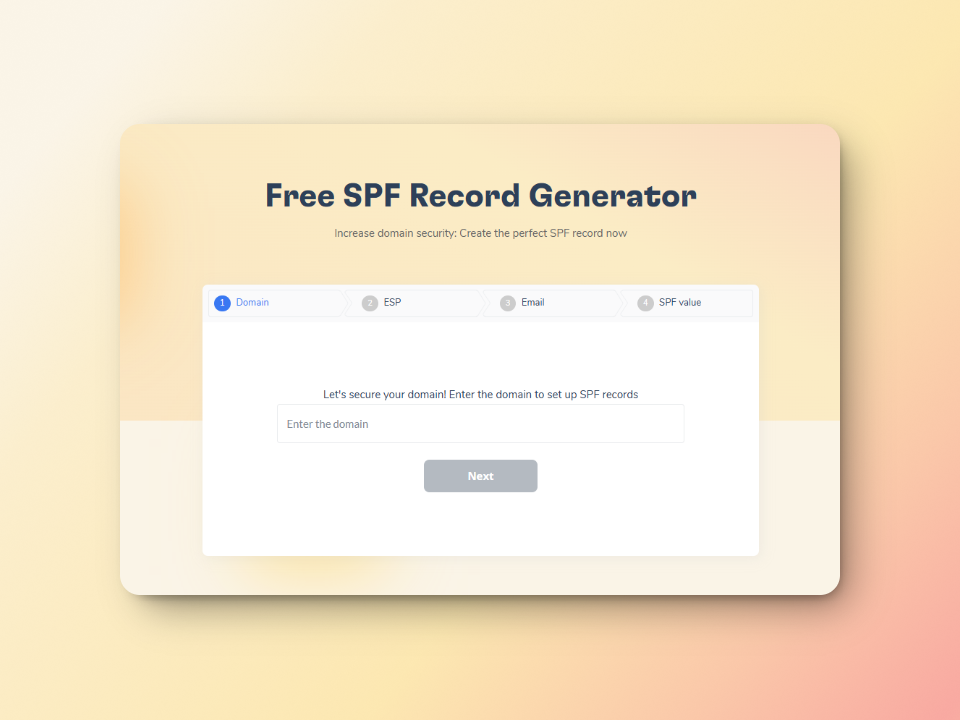 SMTP Error 550 5.4.1: Recipient Address Rejected or Not Found - Causes and Fixes 1 Screenshot of a webpage titled Free SPF Record Generator. The page has a pastel gradient background. It includes fields labeled Domain, ESP, Email, and SPF value, with a text box for entering a domain and a Next button below.