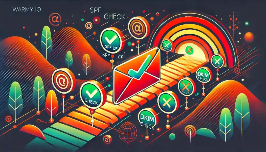 SPF Alignment Issues: Causes, Fixes & Best Practices for Better Email Authentication 29 Illustration of a digital landscape with an envelope icon and various security symbols like check marks and circular icons labeled SPF and DKIM. The background features abstract mountains and trees with a pathway adorned with tech symbols.
