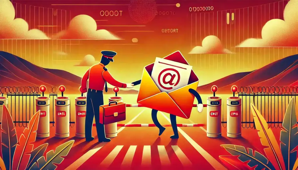 SMTP Error 451 4.7.26 – Email Blocked Due to Poor Domain Reputation 1 A surreal scene shows a mail icon with legs crossing a toll gate, holding a red envelope displaying an @ symbol. A security officer checks it. The background features mountains and digital symbols.