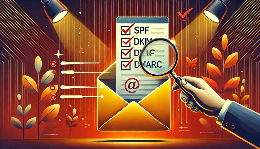 SMTP Error 451 4.7.24 – DMARC Policy Failure: Causes & Solutions 4 An envelope with a paper featuring checked boxes labeled SPF, DKIM, and DMARC, under a magnifying glass. The background is illuminated with spotlight effects, an email symbol, and decorative leaves.