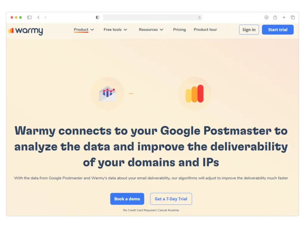 Screenshot of Warmys website showcasing tools to improve email deliverability using Google Postmaster data. Features include Book a demo and Get a 7-Day Trial buttons, with options to sign in or start a trial.