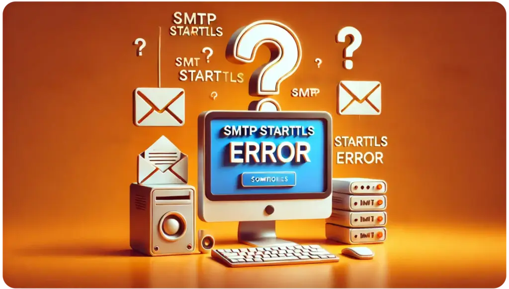 SMTP STARTTLS Errors Causes, Fixes & How to Ensure Secure Email Communication 8 A computer screen displays SMTP STARTTLS ERROR surrounded by question marks, envelopes, and email icons. A speaker, mouse, and external storage are nearby. The background is bright orange, emphasizing the confusion.