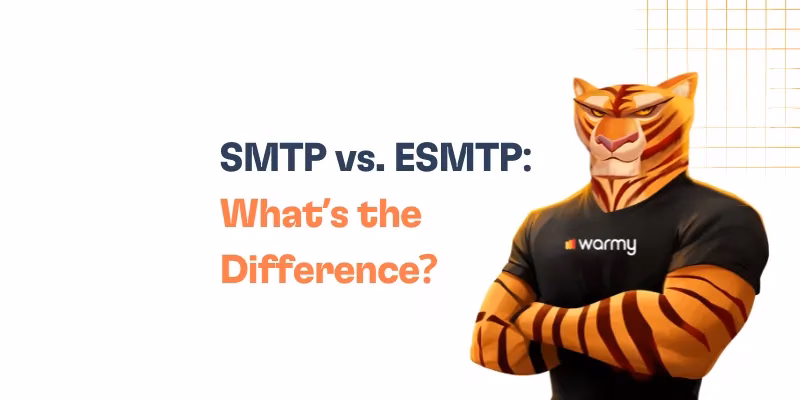 SMTP vs. ESMTP: What's the Difference? 17 Illustration of an anthropomorphic tiger wearing a warmy t-shirt with folded arms next to the text SMTP vs. ESMTP: Whats the Difference? on a white background with an orange grid pattern.