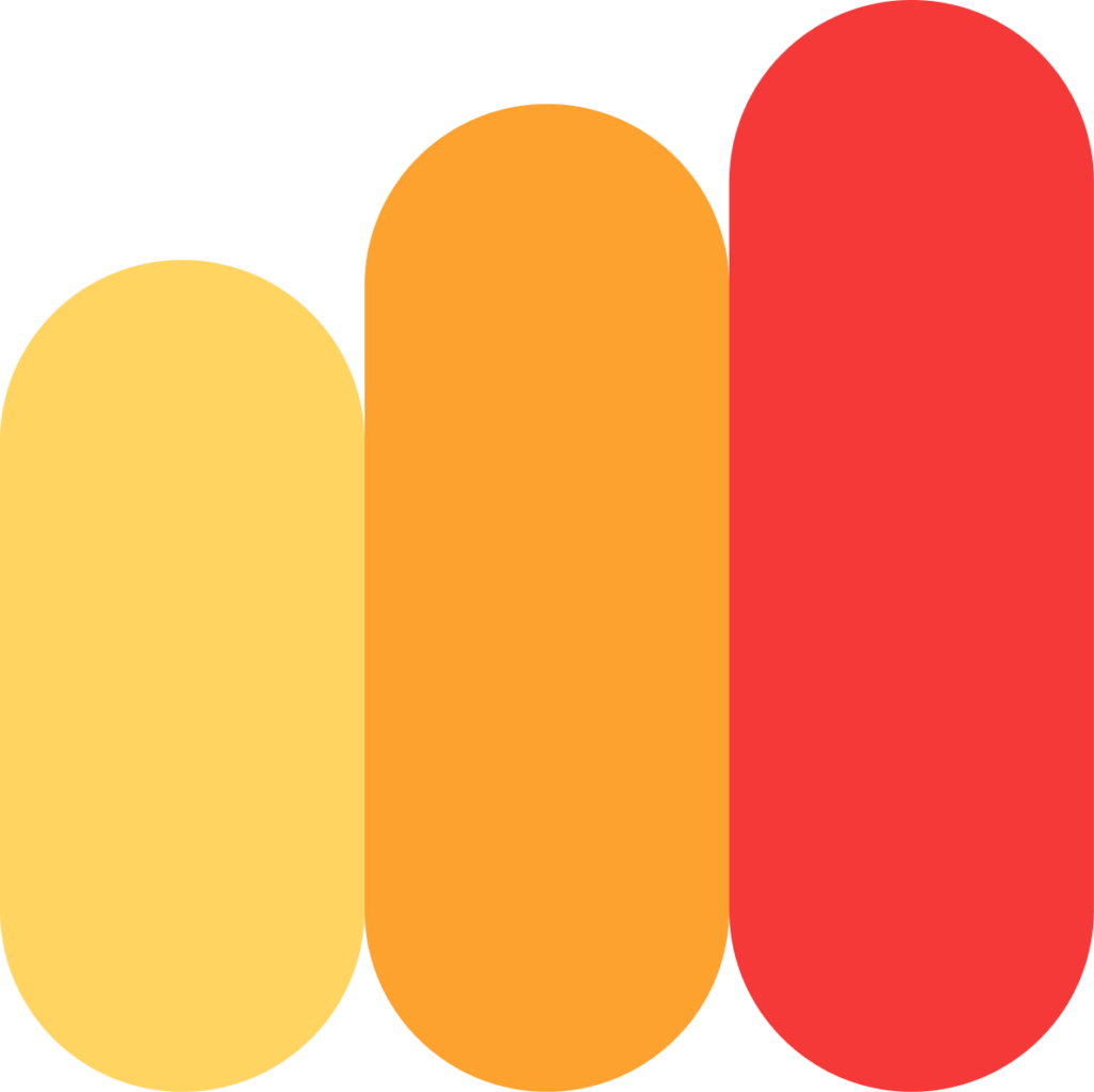 Three vertical, rounded rectangles of varying heights in yellow, orange, and red from left to right, resembling a bar chart on a white background.