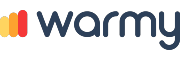 Logo with the word warmy in lowercase, dark blue letters. To the left, there are three vertical rounded rectangles in yellow, orange, and red, resembling a heat signal or bar chart.