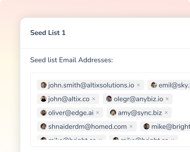 Registro SPF: Cómo configurarlo en Yahoo 4 A user interface displays a list titled Seed List 1 with multiple email addresses, each shown in separate tags, some with profile pictures next to the email addresses.