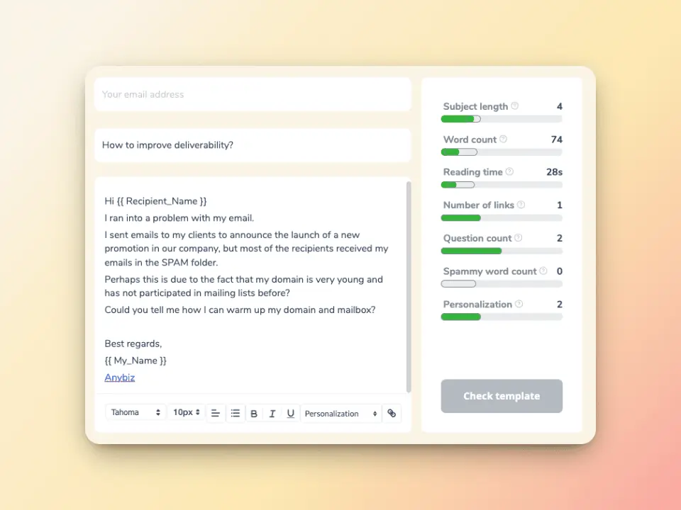 Listado de palabras que activan los filtros de spam 1 A user interface displays an email template focused on improving deliverability, with subject and message fields on the left and template analysis on the right, showing stats like subject length, word count, and personalization score.