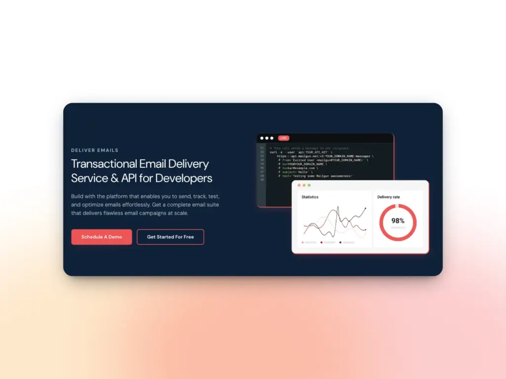 A website banner promoting a transactional email delivery service for developers, featuring a code editor, charts, and buttons labeled Schedule A Demo and Get Started For Free—plus powerful email deliverability tools.