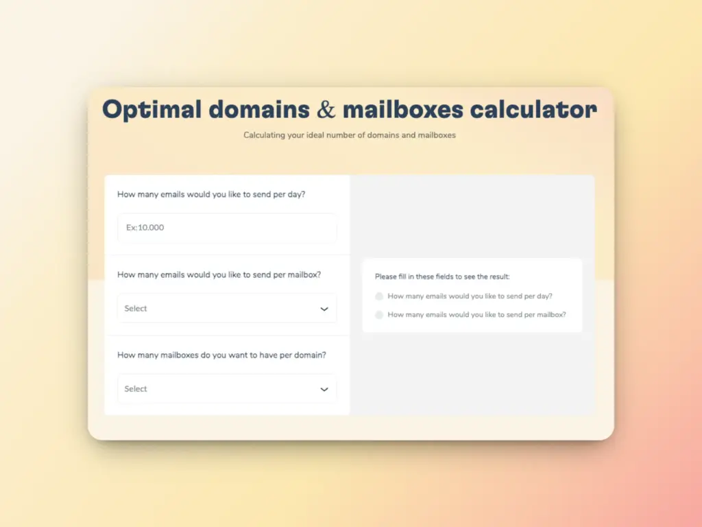 A web tool titled Optimal domains & mailbox calculator with input fields to enter daily email volume, emails per mailbox, and mailboxes per domain, plus a section for displaying results.