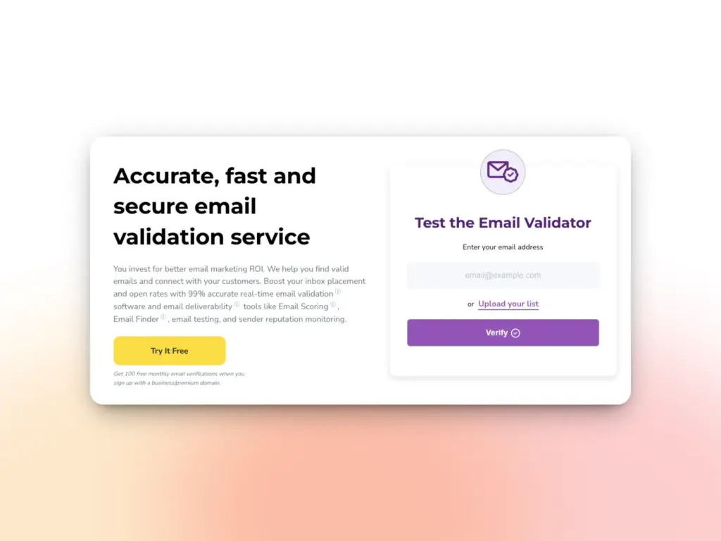 A website interface for an email deliverability tools service, featuring a headline, description, yellow Try it Free button, and a Test the Email Validator form with fields to enter an email or upload a list and a purple Verify button.