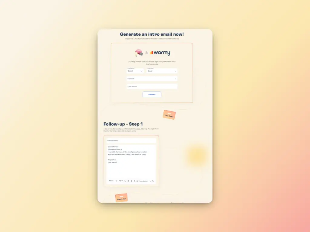 Screenshot of a website called Wormy for generating intro emails. The page has input fields for two names and companies, a generate button, and a section below showing a draft email in a text box titled Follow-up — Step 1.