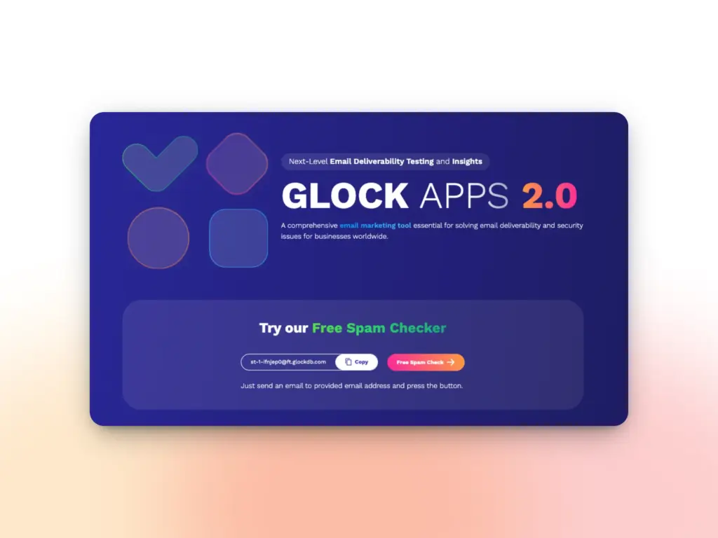 A dark blue promotional graphic for Glock Apps 2.0 advertises top email deliverability tools with a Free Spam Checker. The design features icons, bold text, and an email input form with a send button.