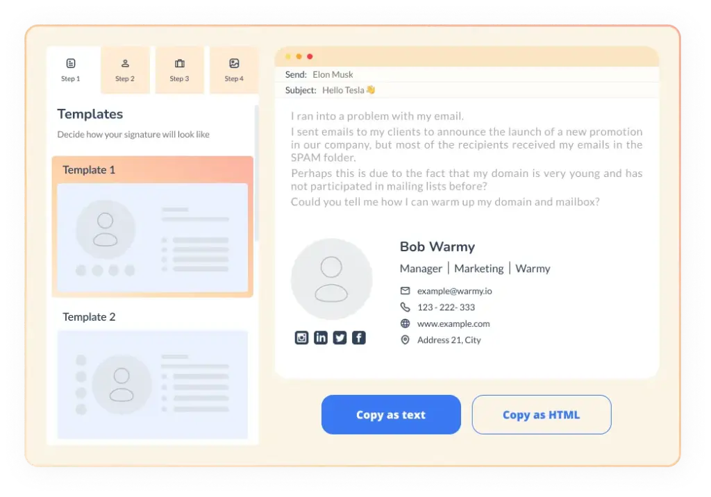 A user interface shows an email template editor. On the left, there are template options. On the right, an email draft to Elon Musk discusses email issues. Contact info for Bob Warmy appears below with social media icons.